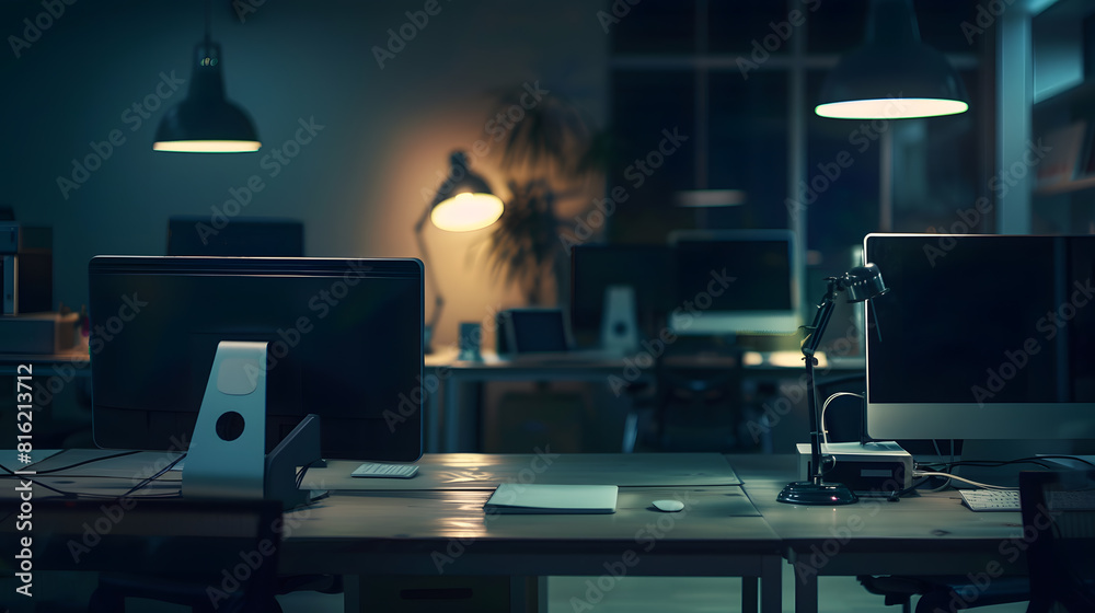 Empty modern workspace with computers arranged on table : Generative AI Empty modern workspace with computers arranged on table : Generative AI