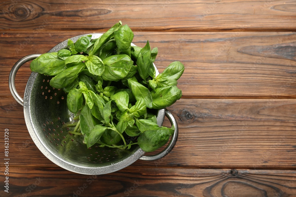 Metal colander with fresh basil leaves on wooden table, top view. Space for text Metal colander with fresh basil leaves on wooden table, top view. Space for text