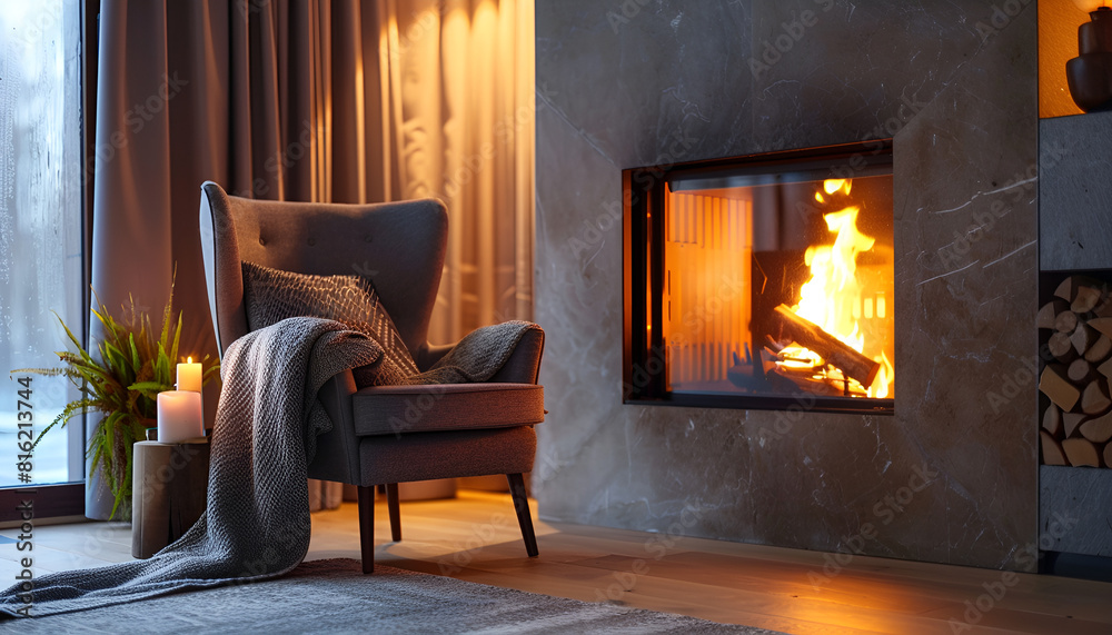 Stylish living room with beautiful fireplace, armchair and different decor at night. Interior design Stylish living room with beautiful fireplace, armchair and different decor at night. Interior design