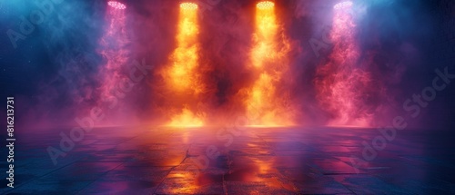 Neon background with reflections on wet surface. Abstract modern neon scene with rays of light, smoke, and smog. Neon background with spotlights.
