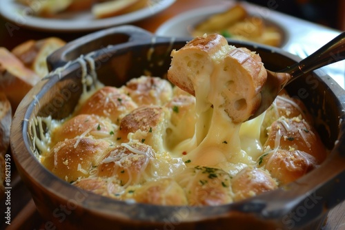 Freshly baked pullapart garlic bread with melting cheese served in a wooden skillet photo