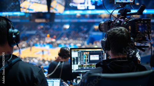 Behind-the-Scenes at a Live Basketball Broadcast in a Bustling Arena © spyrakot
