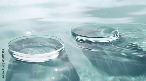 Two empty clear glass circle podiums on light blue transparent calm water texture with waves in sunlight Abstract nature background for product presentation Flat lay cosmetic mockup co : Generative AI