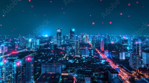 Banner smart city dot point connect with gradient line  connection technology metaverse concept. Bangkok city background at night with big data in Thailand  Panorama view.