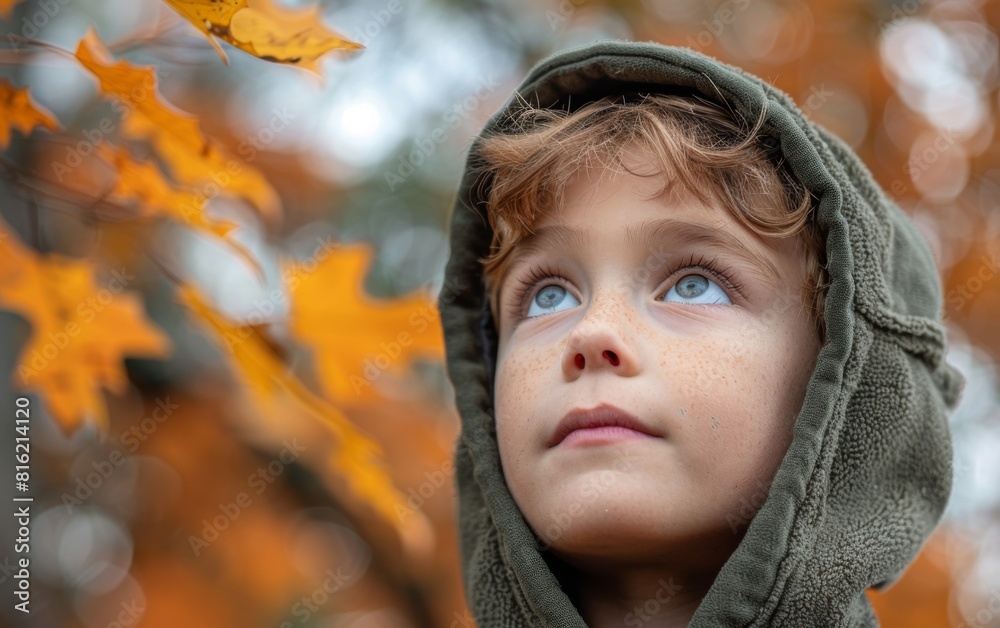 A young boy wearing a hoodie stands gazing up at the leaves above him A young boy wearing a hoodie stands gazing up at the leaves above him