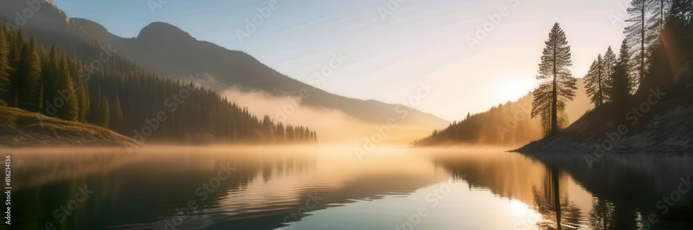 nature background of a pristine mountain lake at sunrise, with mist rising from the water and tall pine trees reflected in the calm surface nature background of a pristine mountain lake at sunrise, with mist rising from the water and tall pine trees reflected in the calm surface