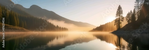 nature background of a pristine mountain lake at sunrise, with mist rising from the water and tall pine trees reflected in the calm surface