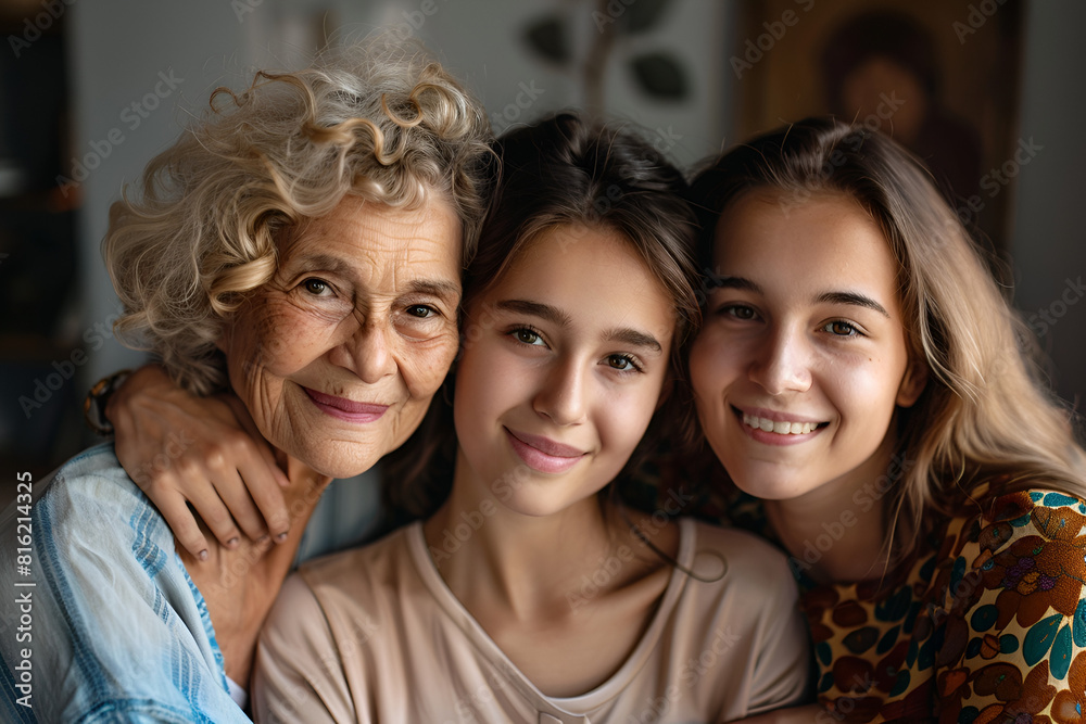 Portrait of grandmother, mother and daughter, family of three generations. Mother's or international women's day concept.