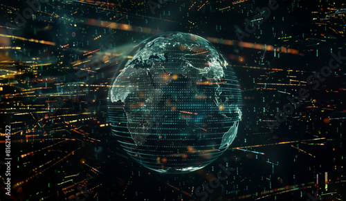 A futuristic holographic digital representation of Earth with data streams and binary code surrounding it, suggesting global connectivity, data flow, and technological advancement - AI proliferation photo