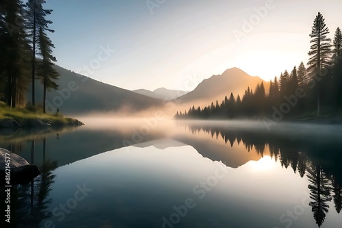 nature background of a pristine mountain lake at sunrise  with mist rising from the water and tall pine trees reflected in the calm surface