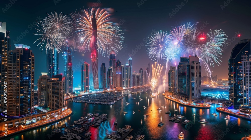 Celebratory Fireworks Over Urban Skyline During Festival Night