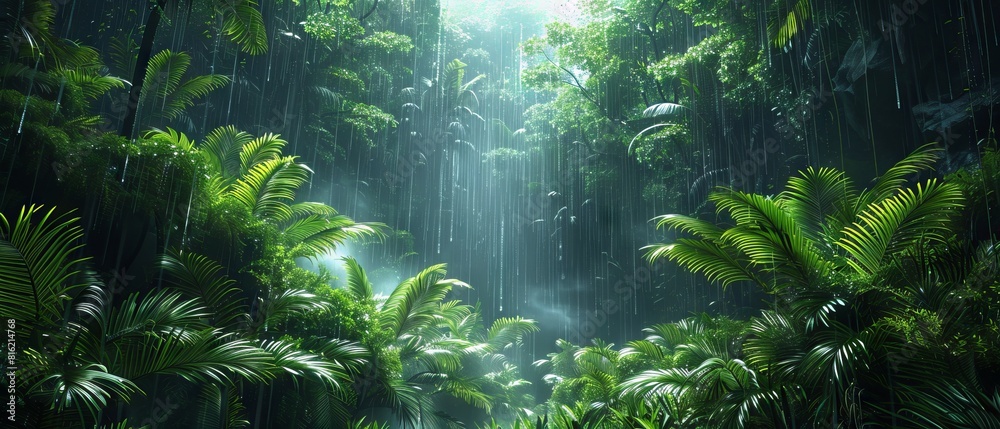 Rainy tropical forest with large exotic plants. A green background.