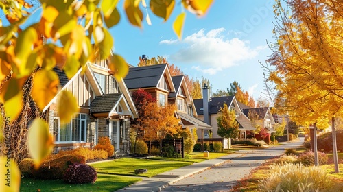 Fototapeta Naklejka Na Ścianę i Meble -  A street lined with houses showcasing beautiful autumn foliage. Trees shedding leaves, houses with fall decorations. Generative AI