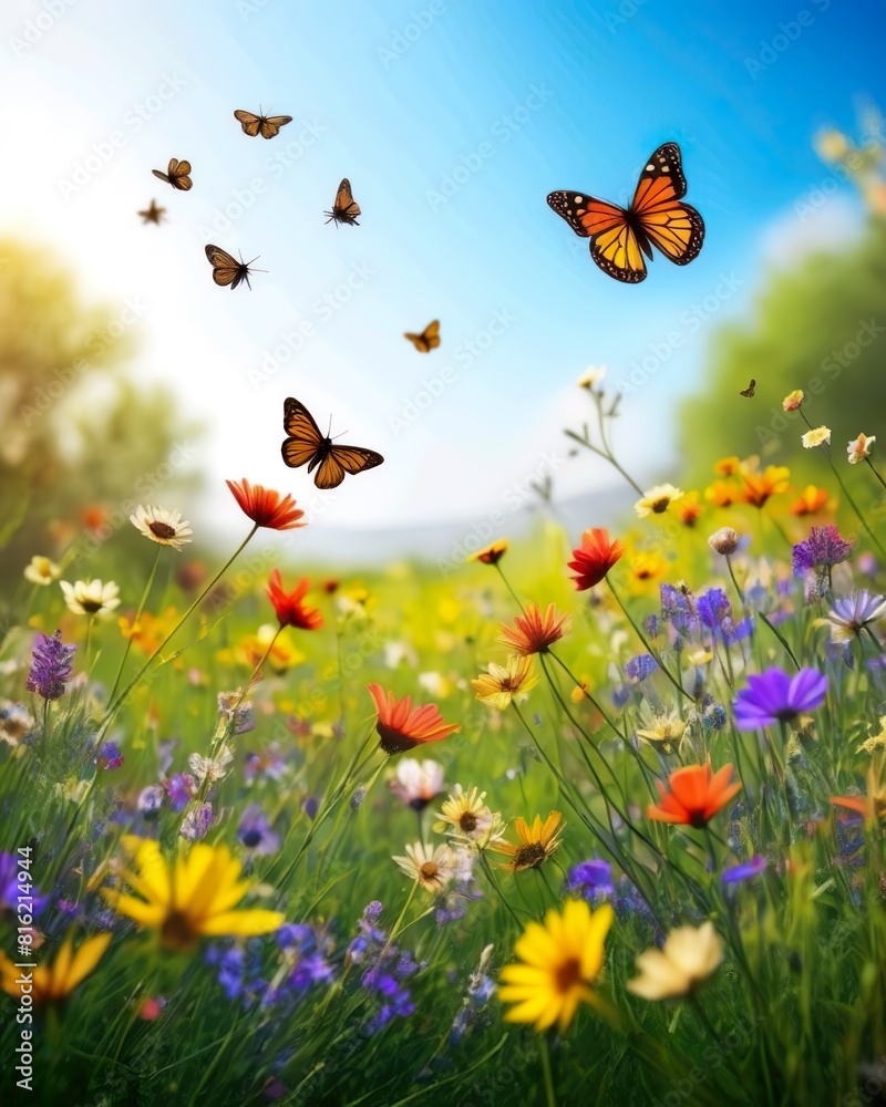 Nature background a vibrant spring meadow filled with blooming wildflowers, buzzing bees, and butterflies fluttering above the colorful blooms Nature background a vibrant spring meadow filled with blooming wildflowers, buzzing bees, and butterflies fluttering above the colorful blooms