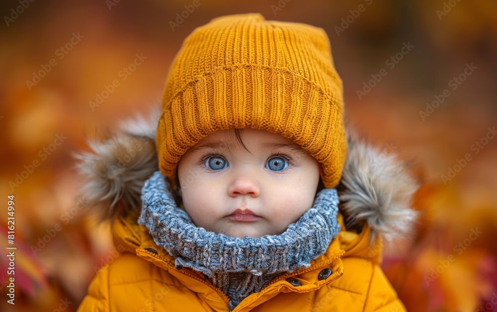 A baby wearing a yellow coat with blue eyes looking at the camera A baby wearing a yellow coat with blue eyes looking at the camera