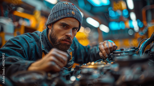 a mechanic in a dark blue jumpsuit changing a cars breaks generative ai