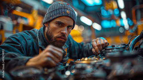 a mechanic in a dark blue jumpsuit changing a cars breaks,generative ai