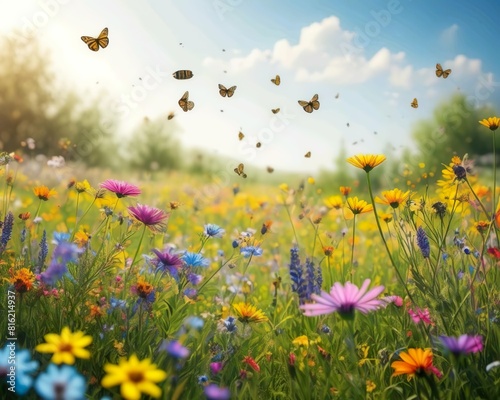 Nature background a vibrant spring meadow filled with blooming wildflowers, buzzing bees, and butterflies fluttering above the colorful blooms