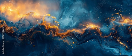 The background is an abstract liquid fluid art background with gold and blue paint. Divorces and waves are mixing colors. Abstract liquid fluid art background. photo