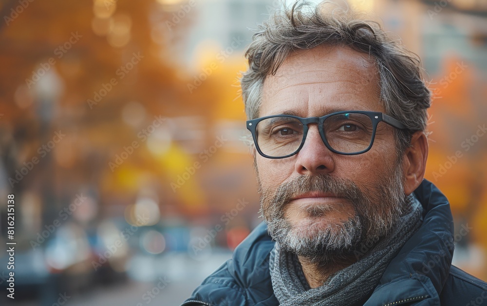 A man wearing glasses stands in a city, surrounded by buildings and urban infrastructure A man wearing glasses stands in a city, surrounded by buildings and urban infrastructure