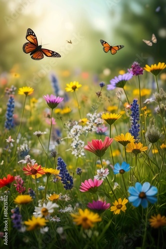 Nature background a vibrant spring meadow filled with blooming wildflowers  buzzing bees  and butterflies fluttering above the colorful blooms