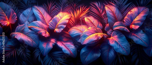 Bright neon light, multicolored tropical leaves, exotic leaves. AI.