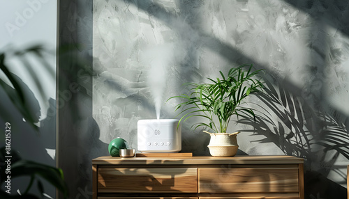 Air humidifier on chest of drawers near green houseplant against grey wall © Oleksiy