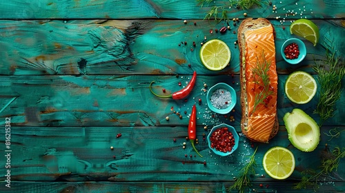  Salmon atop a wooden board, surrounded by citrus fruits and spicy peppers photo