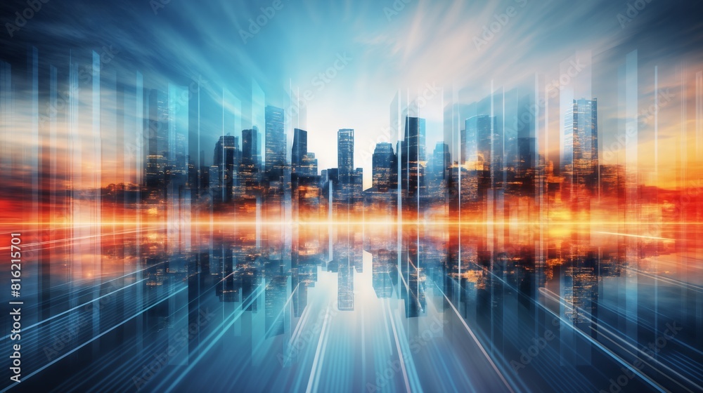 panorama of a modern city as a background, a view from afar of skyscrapers with lighting effects, the concept of a digital future, red and blue color panorama of a modern city as a background, a view from afar of skyscrapers with lighting effects, the concept of a digital future, red and blue color