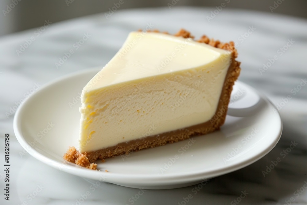 Creamy slice of new york cheesecake on a white plate, with a crumbly graham cracker crust Creamy slice of new york cheesecake on a white plate, with a crumbly graham cracker crust