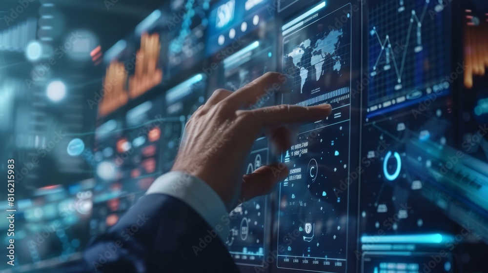 Businessman using virtual screen with business analytics information, closeup Businessman using virtual screen with business analytics information, closeup