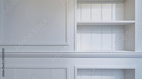 Open wall cabinet with empty shelves for product display clean white cabinet cover white melamine board or wainscoting cover white melamine in kitchen : Generative AI photo