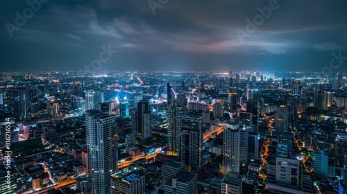 Cityscape Bangkok downtown at night, from the top of BAIYOKE skyscraper, Thailand. and technique long exposure
