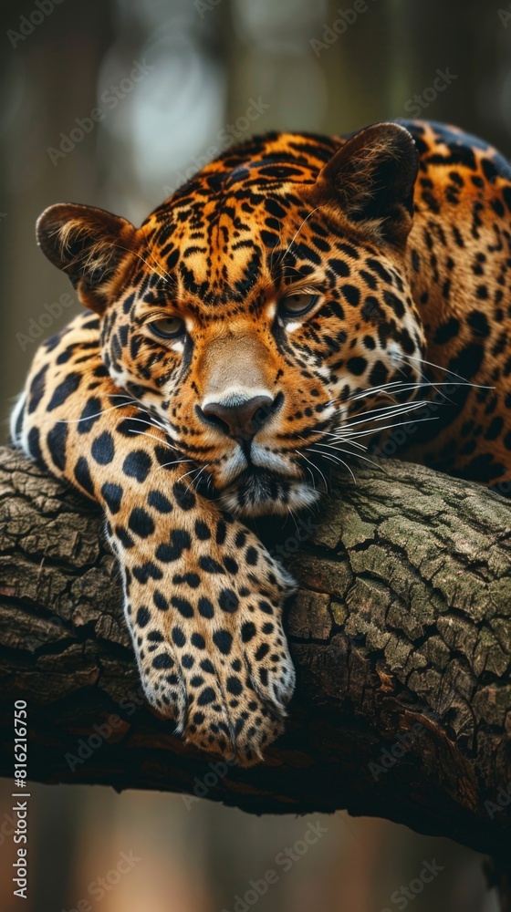 Naklejka premium A jaguar is seen resting atop a tree branch in its natural habitat