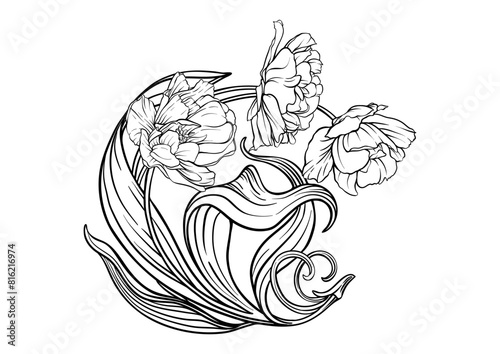 Terri Tulip flowers, decorative flowers and leaves in art nouveau style, vintage, old, retro style. Clip art, set of elements for design Good for print on T-shirts, bags, tattoo. Vector illustration.