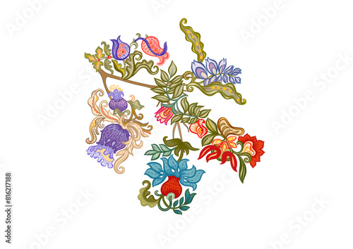 Fantasy, alien flowers, decorative flowers and leaves. Cartoon style. Millefleurs trendy floral design. Clip art, set of elements for design Vector illustration.