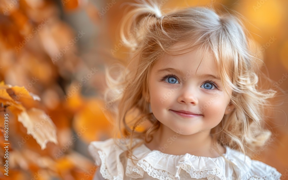 A young girl with striking blue eyes is joyfully playing in a pile of colorful autumn leaves A young girl with striking blue eyes is joyfully playing in a pile of colorful autumn leaves