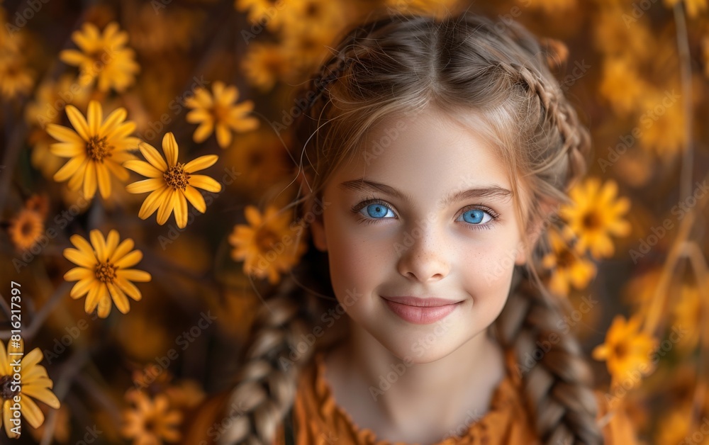 A young girl with striking blue eyes stands amidst a vibrant display of yellow flowers A young girl with striking blue eyes stands amidst a vibrant display of yellow flowers