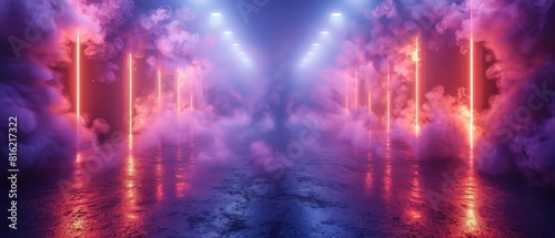 With purple smoke  neon  and sparkles  a dark  empty stage is depicted.