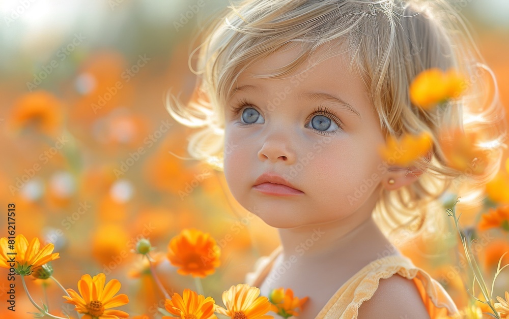 Fototapeta premium A young girl stands among vibrant orange flowers in a field, soaking in the colorful beauty of nature