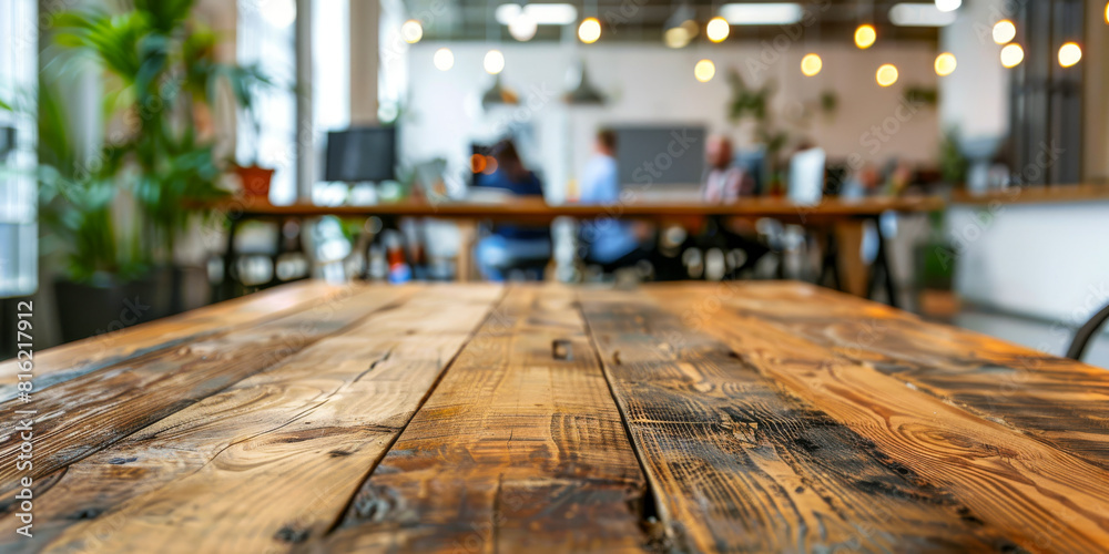 Wooden Table in Modern Office Space with Blurred Background and Soft Lighting Wooden Table in Modern Office Space with Blurred Background and Soft Lighting