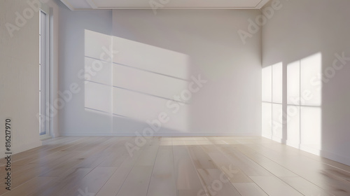 3d rendering picture of an empty living room with sunlight shine through a sliding door wooden floor white wall Renovate New house Home loan Property Background Mockup Backdrop Adverti   Generative AI