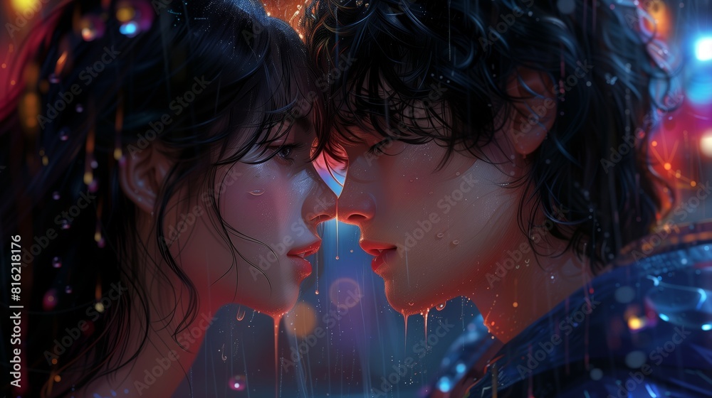 Young woman and man are kissing under the rain. Asian cartoon romantic couple portrait.