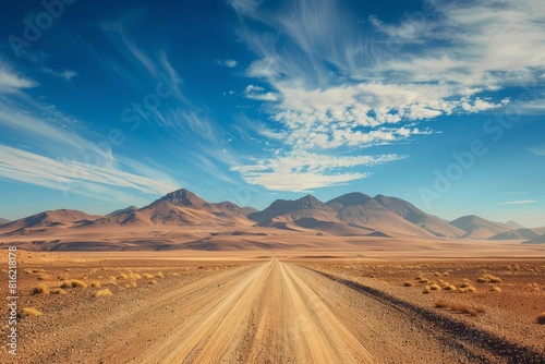 desert journey dirt road leading to distant mountains under blue sky landscape photography