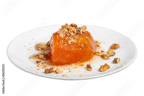 Pumpkin dessert. Turkish and Middle Eastern cuisine desserts. Ramadan food. Pumpkin dessert with sherbet isolated on white background