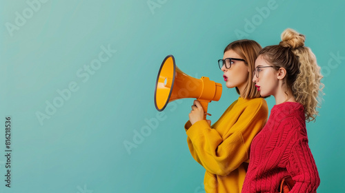 Women holding megaphone isolated.