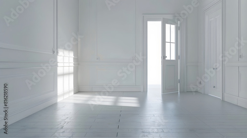 Interior of spacious empty refurbished living room with whitewash walls laminated floor with white door : Generative AI
