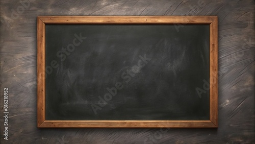Empty wooden classroom blackboard with a blank black texture awaits a message in white chalk.
