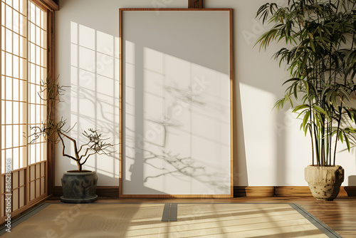 Rectangular vertical frame mockup in Japanese room style interior.