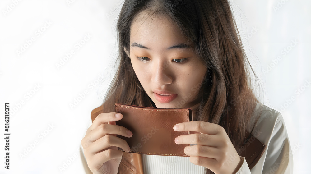 Unhappy young Asian woman showing empty wallet isolated over white background : Generative AI Unhappy young Asian woman showing empty wallet isolated over white background : Generative AI
